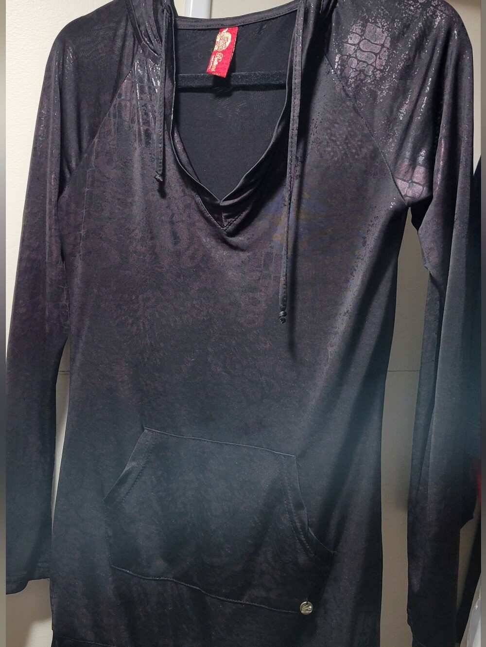 Y2K 💫 Black Long-Sleeve Semi Sheer Hooded Pullover Top * APPLE BOTTOM 🍎